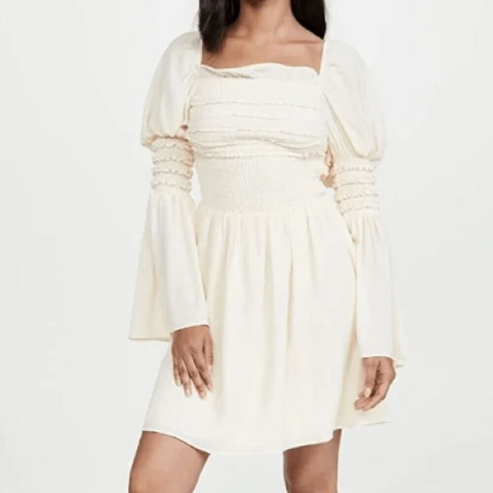 NEW! O.P.T. Luanne Dress Dark‎ Cream Smocked Peasant Mini Dress Lined Size XS